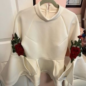“Why Dress” Peplum Shirt with Bell Sleeves and Beautiful Roses on Sleeves